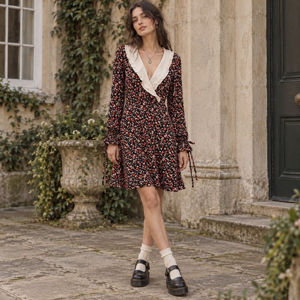 Ghost London Floral Heart Mini Dress M Collar Whimsigoth Dark Romantic Cottage